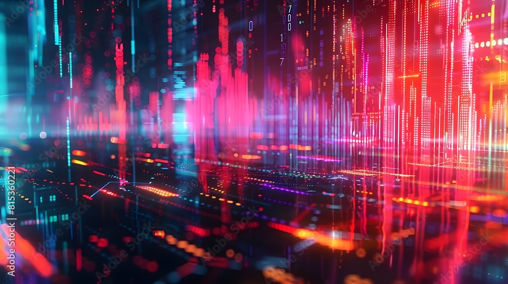 Naklejka premium Abstract digital chart background with vibrant colors, depicting a dramatic downward trend in stock graphs