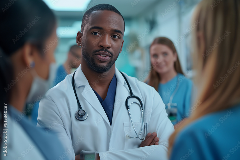A male doctor wearing a white coat and stethoscope around his neck is talking to a group of his colleagues in the hospital hallway. A male doctor wearing a white coat and stethoscope around his neck is talking to a group of his colleagues in the hospital hallway.
