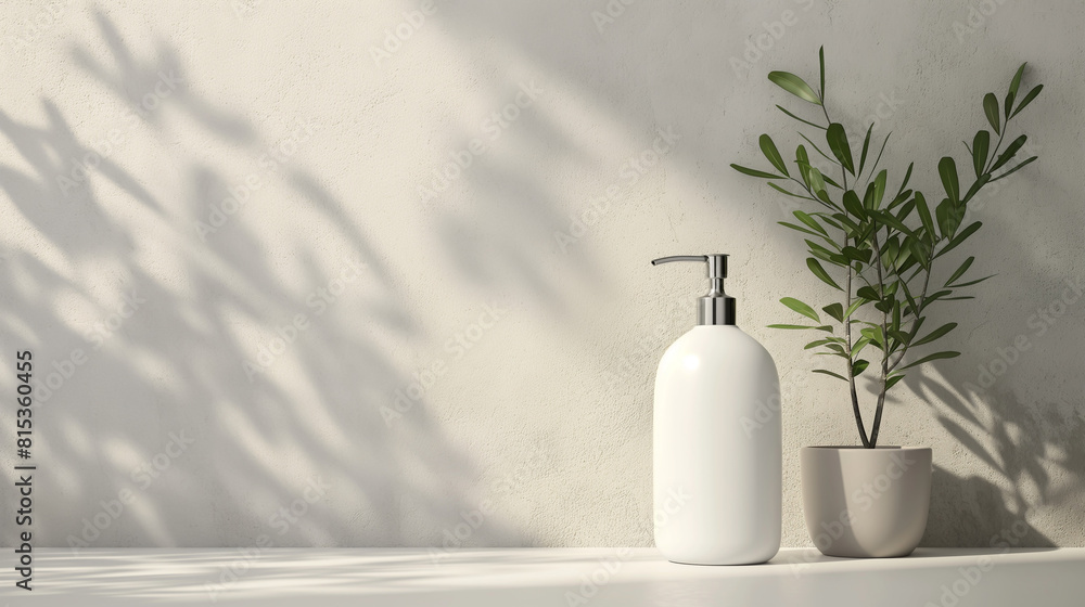 A white soap bottle and a potted plant on a beige table against a beige wall with shadows of leaves. A white soap bottle and a potted plant on a beige table against a beige wall with shadows of leaves.