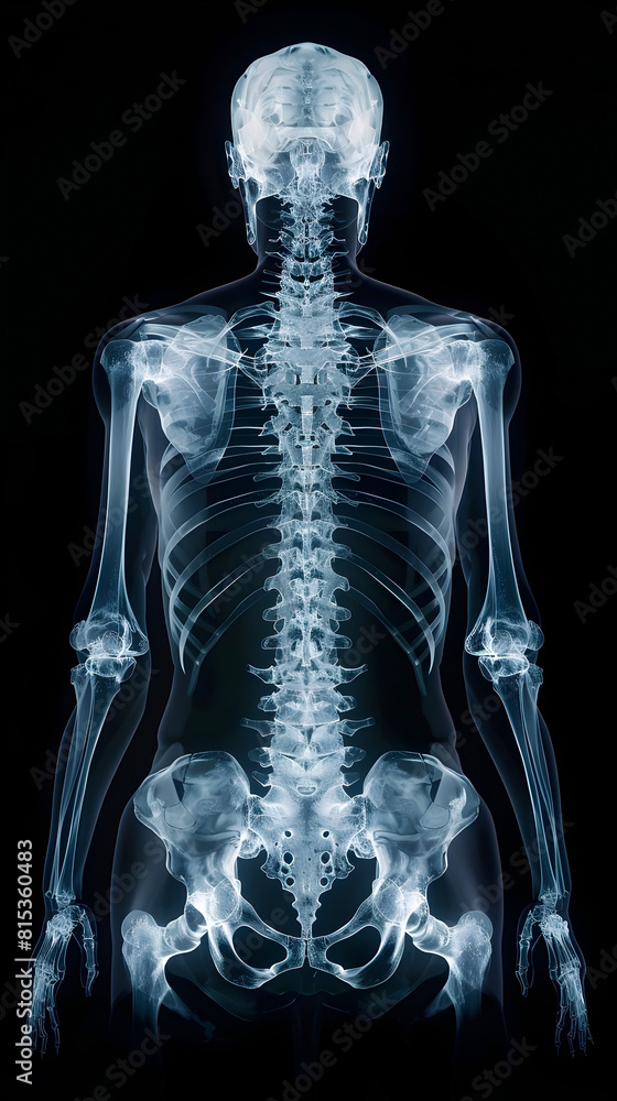 Detailed X-ray of Human Skeleton with Bones Visible in Soft Blue on Black Background for Medical Diagnostic Analysis Detailed X-ray of Human Skeleton with Bones Visible in Soft Blue on Black Background for Medical Diagnostic Analysis