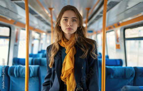 A woman standing in the train, with blue seats featuring yellow details. She is wearing a navy blazer and black trousers, with a scarf around her neck and a handbag over her shoulder