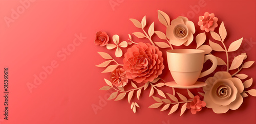 Coffee or tea composition with cup, leaves and flowers in paper cut style. Pastel red background with place for text. Paper crafts, quilling. Autumn hot drink concept for cafe, business card, menu pag photo