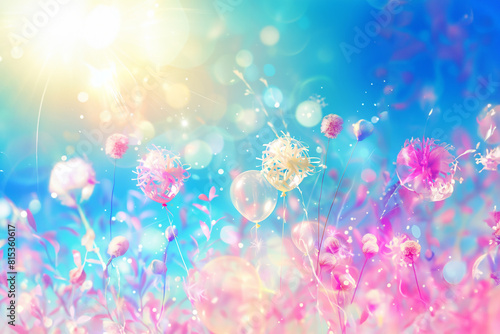 joie, fleurs de pissenlit, dandelion,  s'envolant avec des ballons baudruches transparent, par une belle journée ensoleillée. Fond très coloré, background, ressource graphique pour fête joie en été,  photo