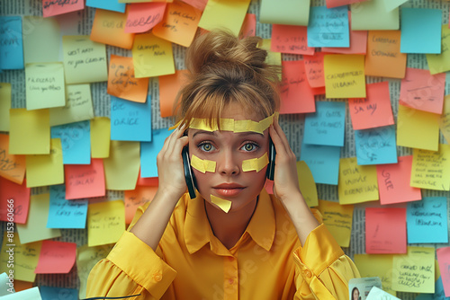 A young woman with sticky notes on her face and temples is overwhelmed by the many tasks she has to complete.
