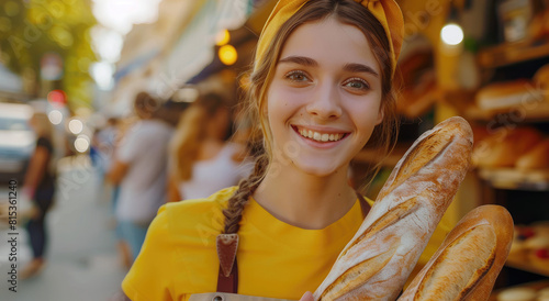 Happy young woman with baguette in hands near bakery