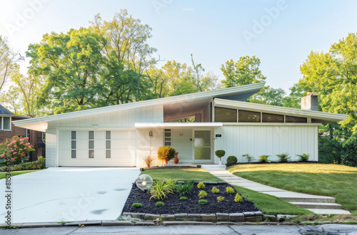 cozy single-story home with driveway in West Virginia, simple modern design with white walls and a beige shingle roof, stone chimney, large front yard with low hedges, blue sky photo