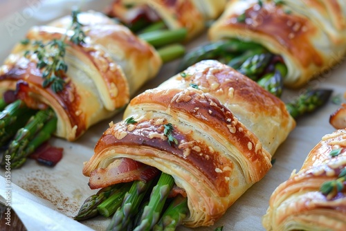 Asparagus and bacon puff pastry bundles.