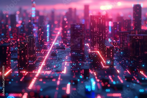 Futuristic city governed by AI  neon pink and blue lights  close up on a smart building facade  vivid colors  Double exposure silhouette with a neural network