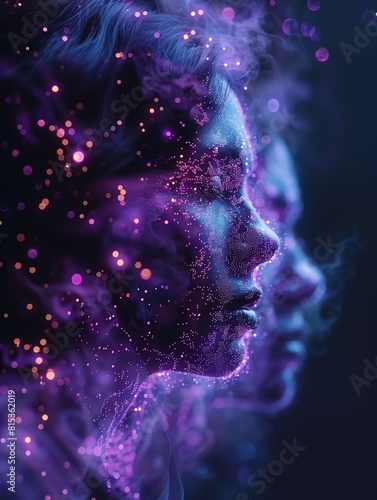 Neural network visualization  vibrant purple and black  close up on interconnecting nodes  vivid colors  Double exposure silhouette with a galaxy