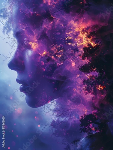 Neural network visualization, vibrant purple and black, close up on interconnecting nodes, vivid colors, Double exposure silhouette with a galaxy