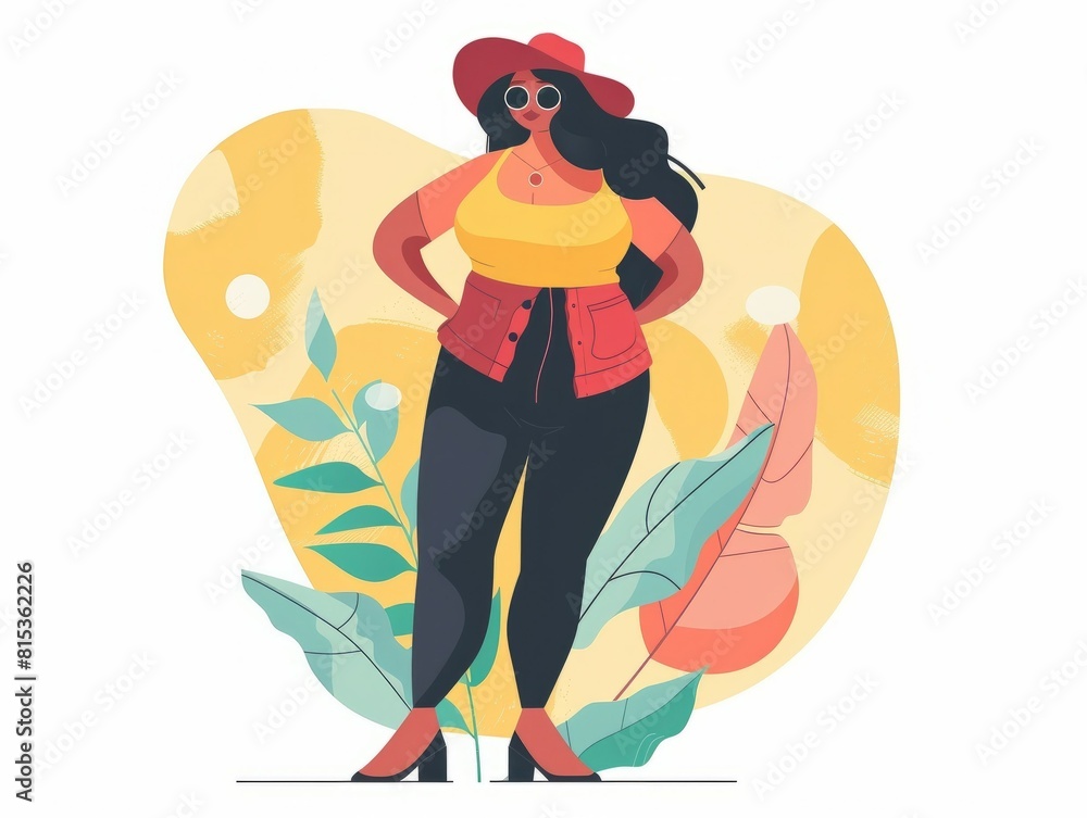 flat illustration of a plus-size woman wearing a hat and sunglasses in a stylish manner flat illustration of a plus-size woman wearing a hat and sunglasses in a stylish manner