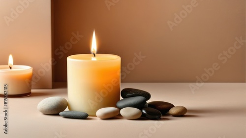 Aroma candle on beige background. Warm aesthetic composition with stones. Cozy home comfort, relaxation and wellness concept. Interior decoration mockup