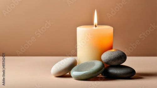 Aroma candle on beige background. Warm aesthetic composition with stones. Cozy home comfort  relaxation and wellness concept. Interior decoration mockup