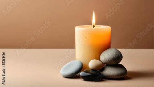 Aroma candle on beige background. Warm aesthetic composition with stones. Cozy home comfort  relaxation and wellness concept. Interior decoration mockup
