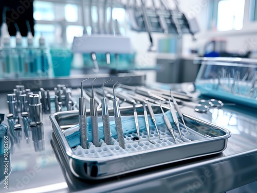 Sterile dental instruments arranged neatly on a tray in a high-tech office