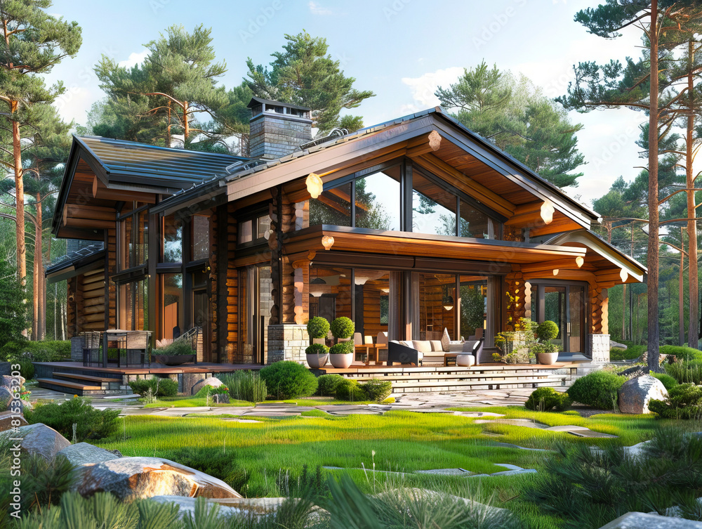 A log cabin in the woods with rocks and trees. A log cabin in the woods with rocks and trees.