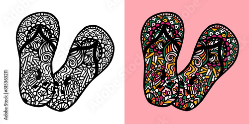 Flip flop summer hand drawn sketch illustration for coloring book. Doodle vector icon.