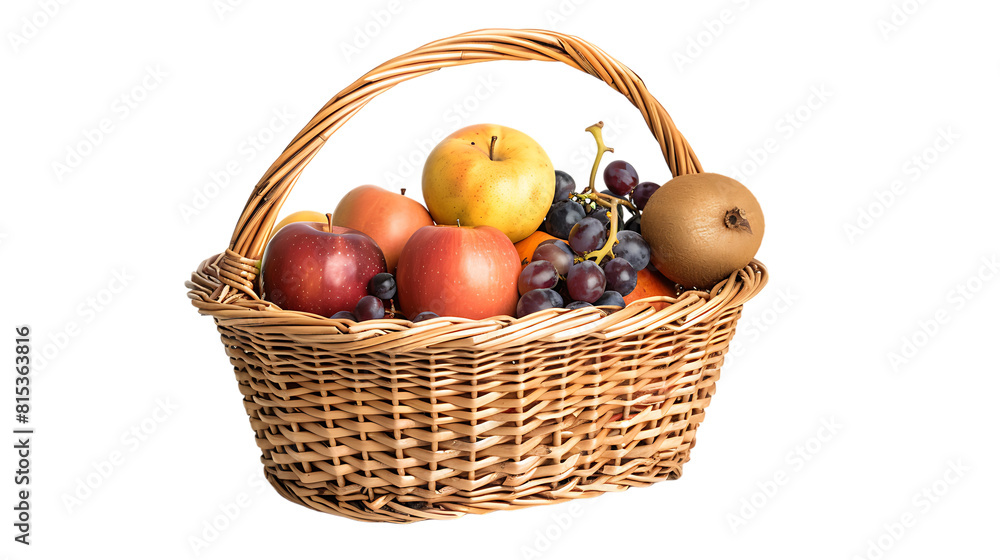 Wicker basket with different fresh fruits isolated on transparent background Wicker basket with different fresh fruits isolated on transparent background