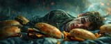 Dramatic nighttime scene of a young man suffering from stomach pain after eating burgers lying exhausted on a rainy city street