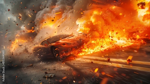 Dramatic Depiction of Catastrophic Car Crash with Fiery Explosions and Billowing Smoke Intense and Chaotic Scene Ideal for Action Content photo