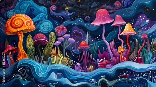 Enchanting Mushroom Forest of Surreal and Vibrant Psychedelic Dreamscape