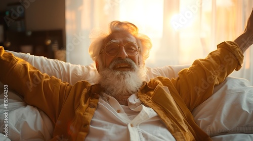 Energetic Elderly Man Rising Enthusiastically from Bed at Sunrise in Bright Positive Atmosphere © imagincy