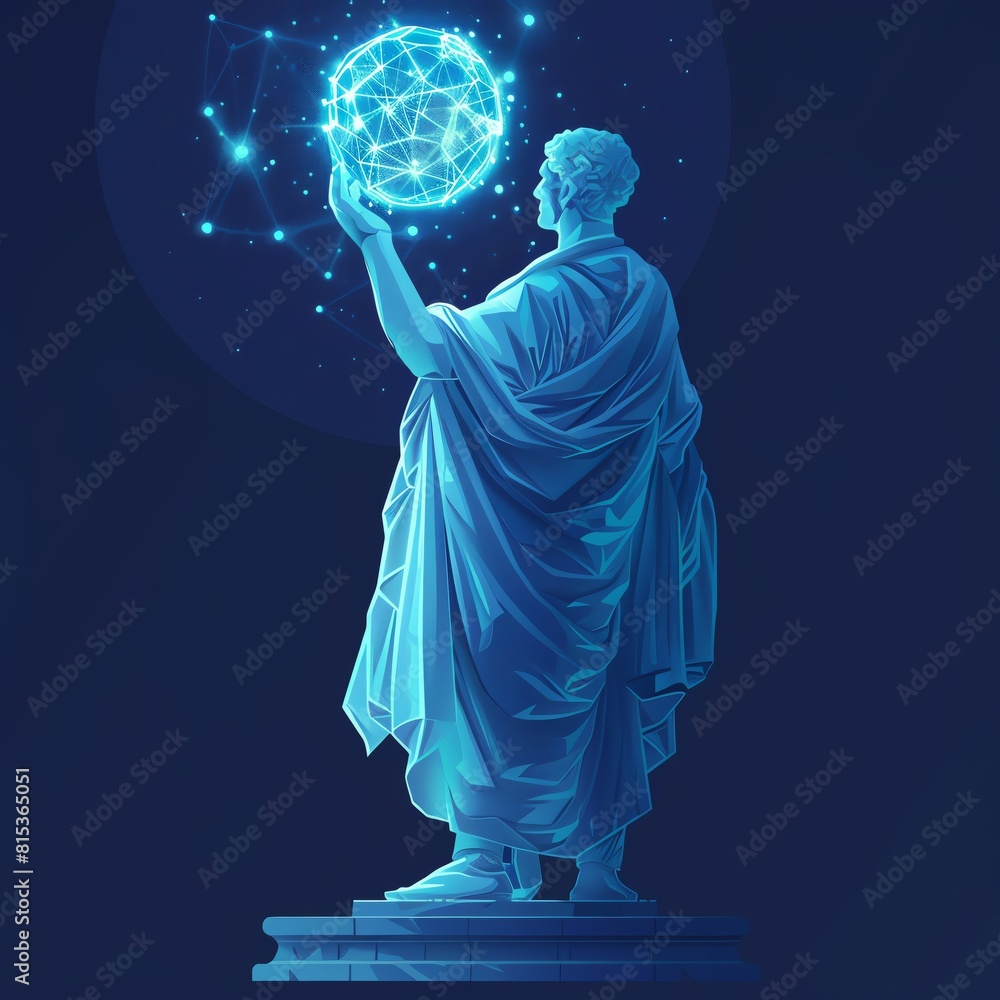 Fototapeta premium Icon of Progress Front view A grand statue of a digital pioneer holding a glowing 5G orb, symbolizing connectivity Advanced tone.