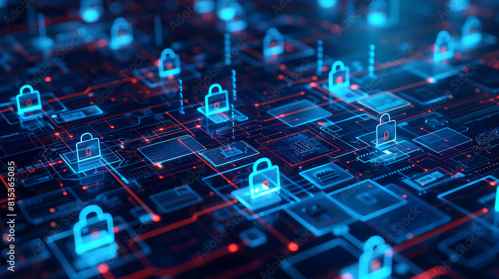 Digital background featuring digital padlock icons on a circuit board, with a blue and red color theme, creating an atmosphere of security in technology Digital background featuring digital padlock icons on a circuit board, with a blue and red color theme, creating an atmosphere of security in technology