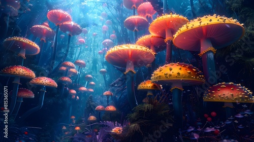Surreal and abstract mushroom forest in vibrant and luminous hues featuring a captivating and otherworldly digital landscape