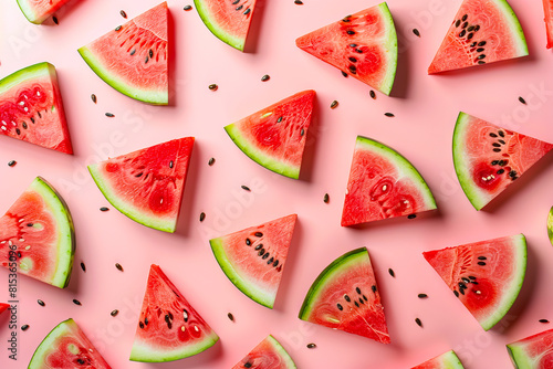 Watermelon slices on a pink background.