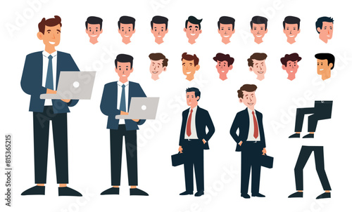 businessman cartoon character set. Beautiful businessman in office smart suit. Vector illustration