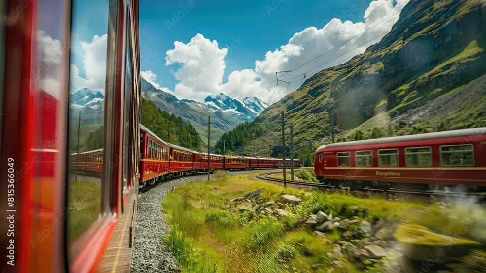 Animation amazing red train in the switzerland mountain. seamless 4k video looping background. generated with ai	