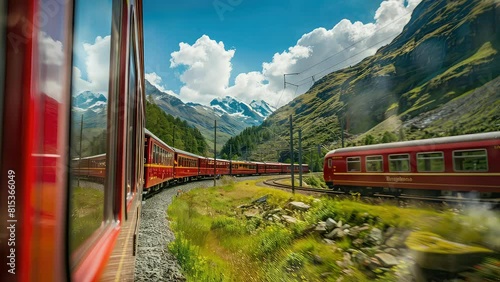 Animation amazing red train in the switzerland mountain. seamless 4k video looping background. generated with ai	 photo