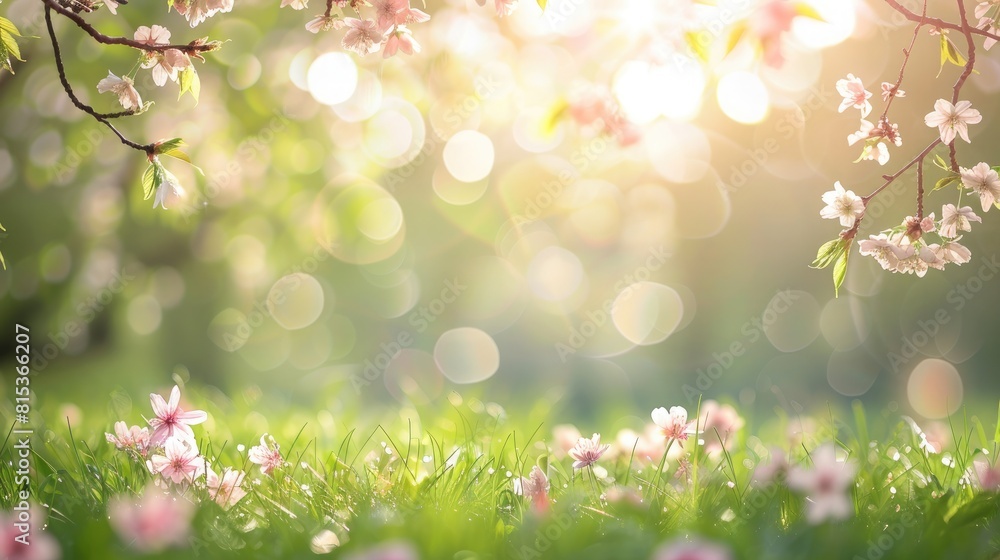 A serene spring morning in a blooming orchard with cherry blossoms and green grass, framed by bright sunlight filtering through the branches. Spring background A serene spring morning in a blooming orchard with cherry blossoms and green grass, framed by bright sunlight filtering through the branches. Spring background