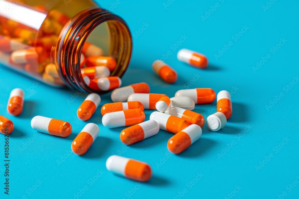 Vibrant Orange and White Pill Spacecrafts Spilling from Open Glass Bottle on Blue Background. Healthcare, medical drugs concept Vibrant Orange and White Pill Spacecrafts Spilling from Open Glass Bottle on Blue Background. Healthcare, medical drugs concept