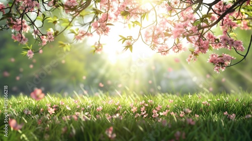 A serene spring morning in a blooming orchard with cherry blossoms and green grass, framed by bright sunlight filtering through the branches. Spring background