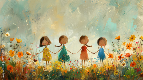 illustration of children holding hands on the lawn, giving the scene a wonderful pleasant feeling, a feeling of sunshine.generative ai