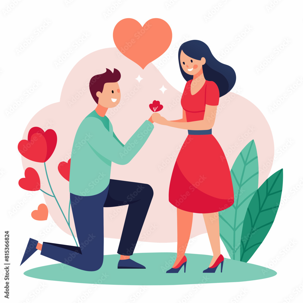 Vector illustration of a Boyfriend proposing to his girlfriend in a romantic moment by breaking his knee Vector illustration of a Boyfriend proposing to his girlfriend in a romantic moment by breaking his knee