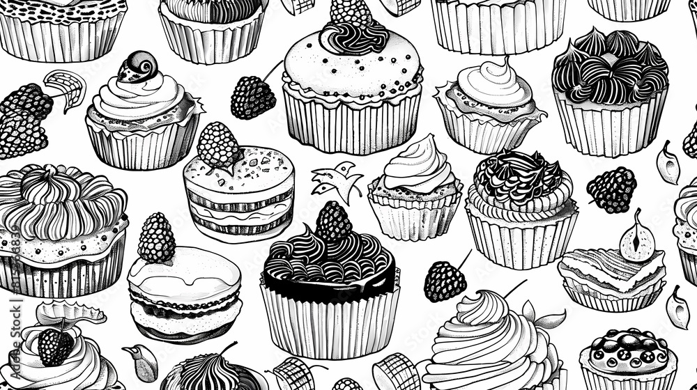 A delicious array of sketched cupcakes and berries A delicious array of sketched cupcakes and berries