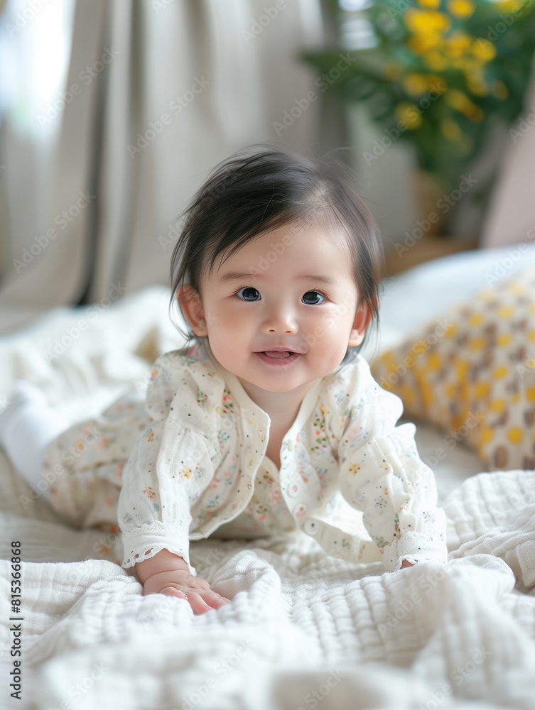 Smiling Japanese Baby in Floral Outfit on a Cozy Blanket Smiling Japanese Baby in Floral Outfit on a Cozy Blanket