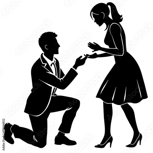 Vector silhouette of a Boyfriend proposing to his girlfriend in a romantic moment by breaking his knee 