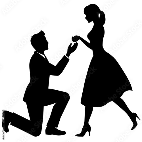 Vector silhouette of a Boyfriend proposing to his girlfriend in a romantic moment by breaking his knee 