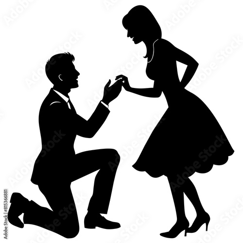 Vector silhouette of a Boyfriend proposing to his girlfriend in a romantic moment by breaking his knee 