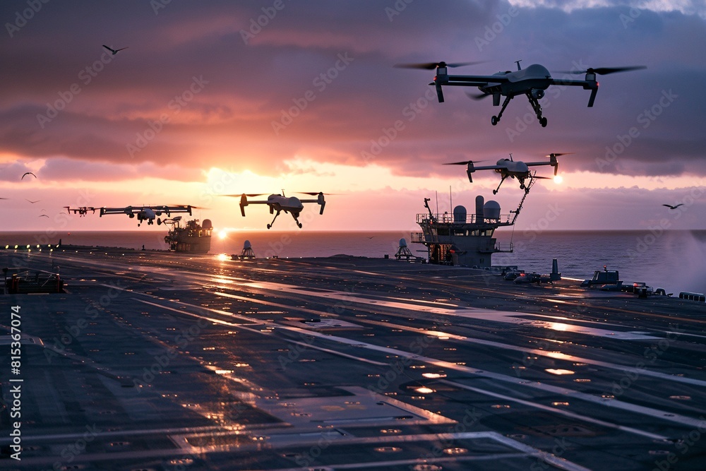A group of drones flying over an aircraft carrier during sunset, showcasing the merging of advanced technology and military operations A group of drones flying over an aircraft carrier during sunset, showcasing the merging of advanced technology and military operations
