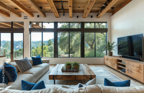 A spacious living room with large windows, comfortable seating and a TV setup in the California mountains with natural light. Created with Ai © zee