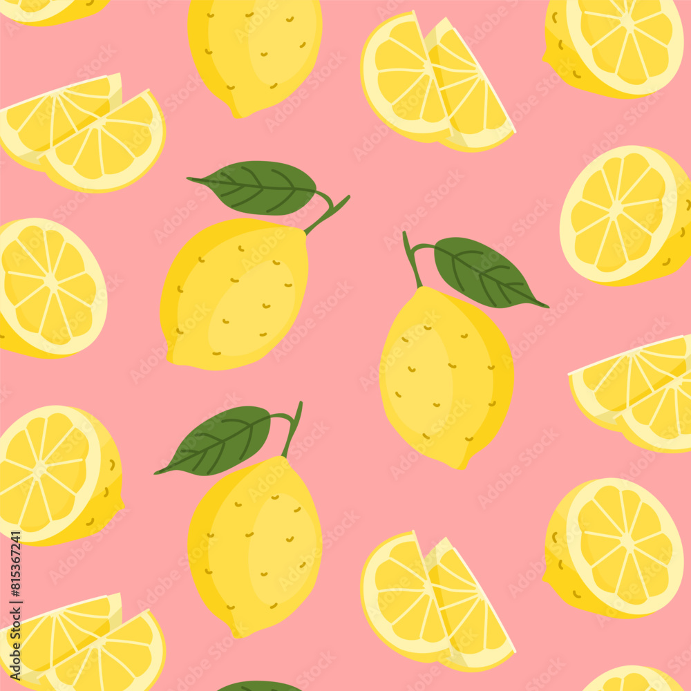 Summer bright seamless pattern with fruits. Juicy lemon pattern. Trendy ornament for textile, wrapping paper, notebook design or wallpaper. Vector illustration isolated on a color background. Summer bright seamless pattern with fruits. Juicy lemon pattern. Trendy ornament for textile, wrapping paper, notebook design or wallpaper. Vector illustration isolated on a color background.