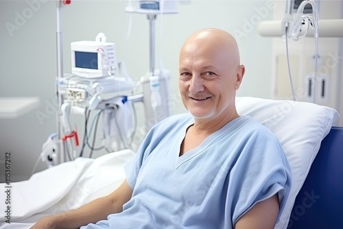 He will win  Cancer and chemotherapy. Smiling middle aged man in the intensive care ward. Detection of the disease at an early stage and successful treatment.