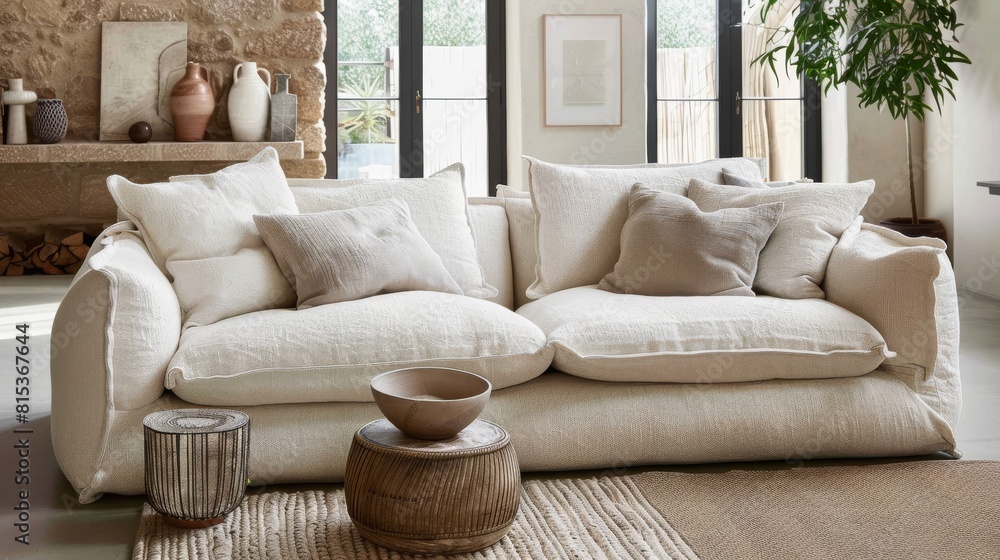 Obraz premium Great as Interior Furniture Design Inspiration Minimal Modern Elegant Neutral Cozy White Scandinavian Living Room with Sofa and Plants Soft Earthy Colors 