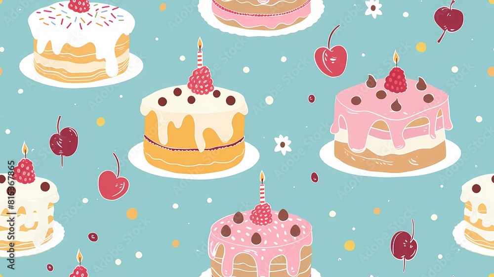 A colorful and whimsical pattern of birthday cakes and cherries A colorful and whimsical pattern of birthday cakes and cherries