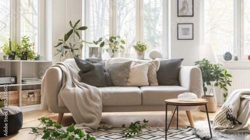 Great as Interior Furniture Design Inspiration Minimal Modern Elegant Neutral Cozy White Scandinavian Living Room with Sofa and Plants Soft Earthy Colors 